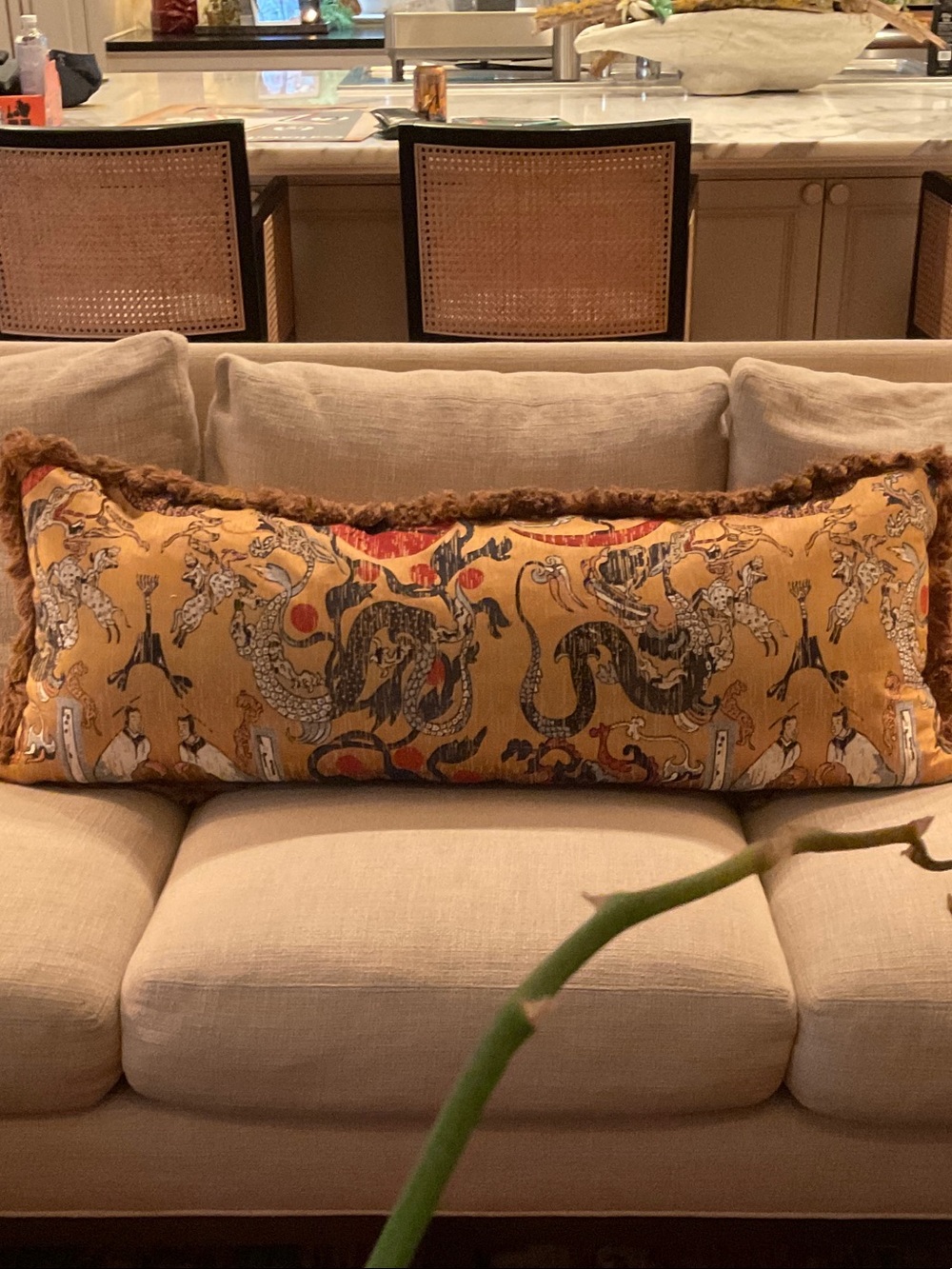 Gold Dragon Print Bolster Accent Pillow with Fringe
